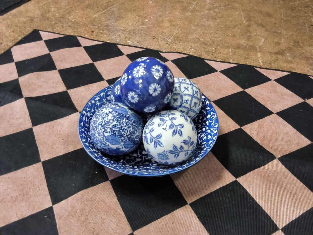 Blue and White Ceramic Bowl with Decorative Balls Set